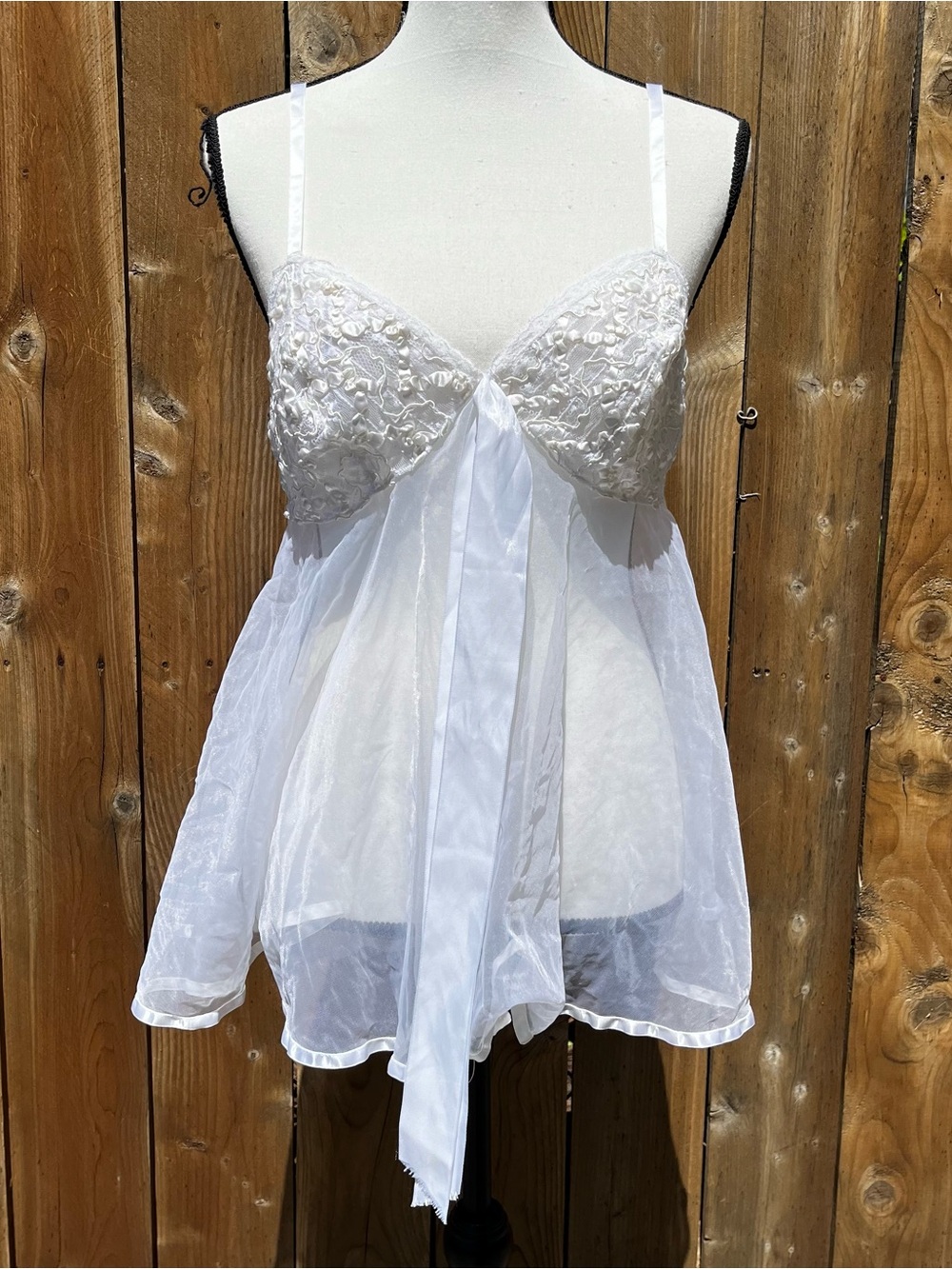 Vintage White Sheer Lace Bow Babydoll Lingerie